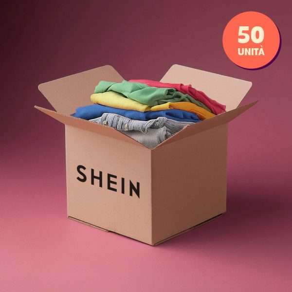 Scatola SHEIN con vestiti colorati, 50 unità